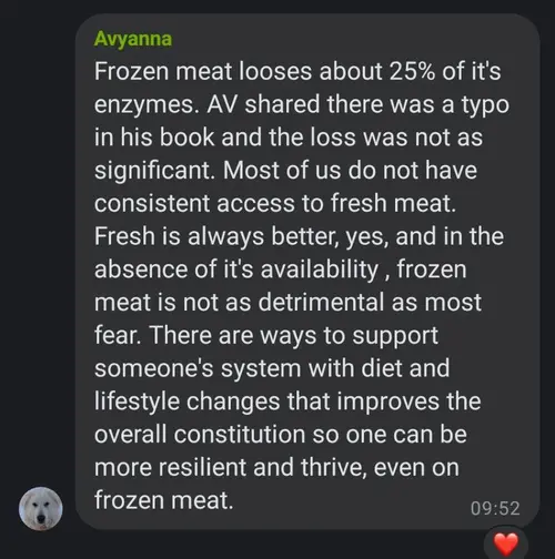 Screenshot of Avyanna statement about frozen food