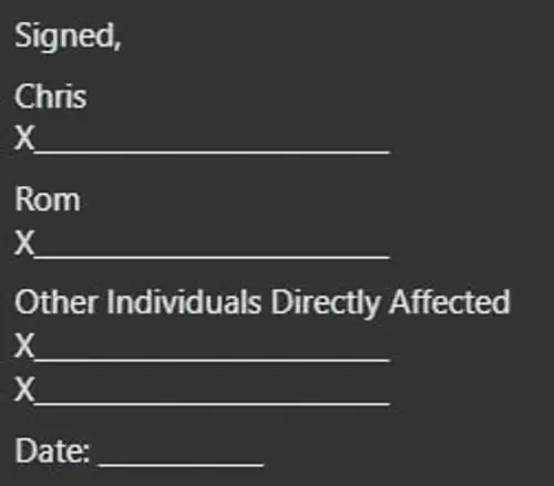 Screenshot of a signature block listing Chris, Rom, and other individuals directly affected