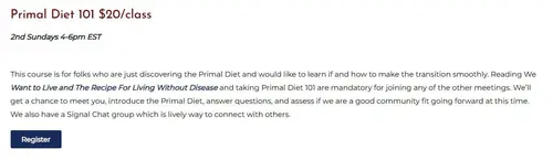 Screenshot of Primal Diet 101 class registration