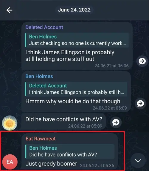Screenshot of Chris criticizing Jim's greed