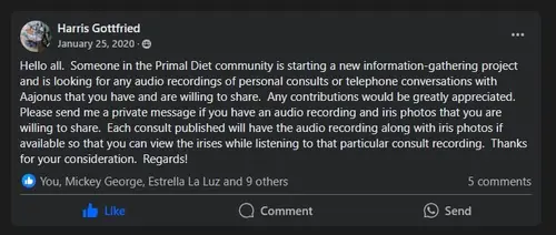 Announcement screenshot about collecting Aajonus consult recordings