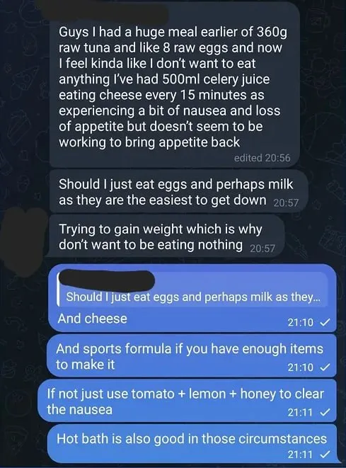 Group chat helping a member with loss of appetite and nausea after a big raw meal