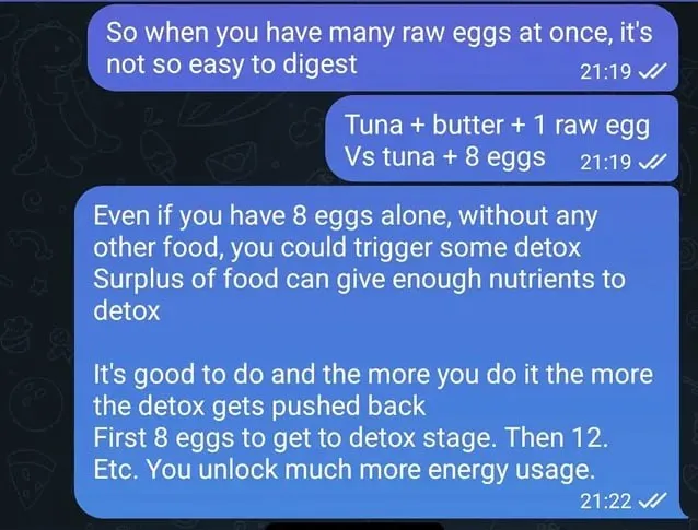 Group chat explaining how eating many raw eggs at once can trigger detox