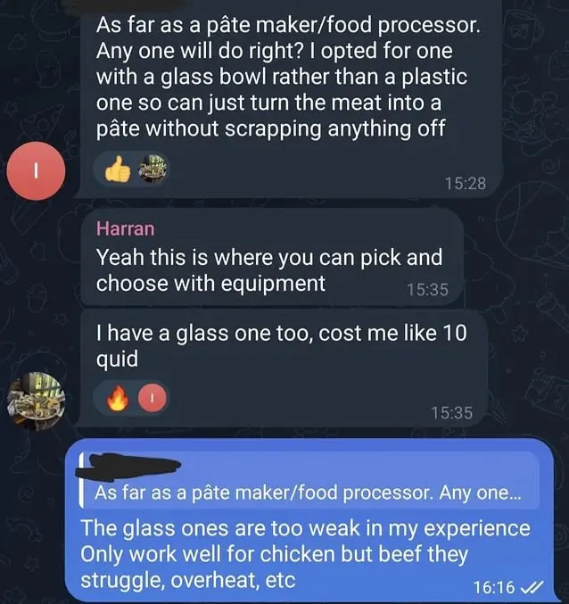 Group chat advising against glass-bowl food processors, which overheat on beef