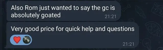 Member telling Rom the group chat is a very good price for quick help and questions