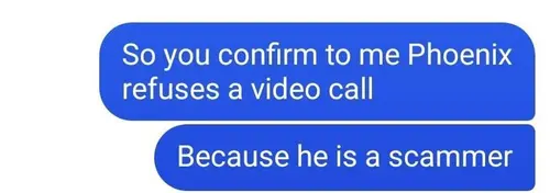 Screenshot of a message saying Phoenix refuses a video call because he is a scammer