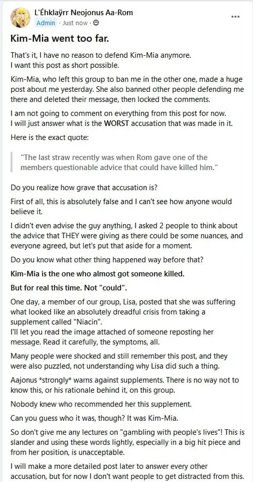 Screenshot of a post about Kim Mia making an accusation