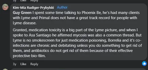Screenshot of Kim Mia comment about Phoenix, Lyme, and Primal