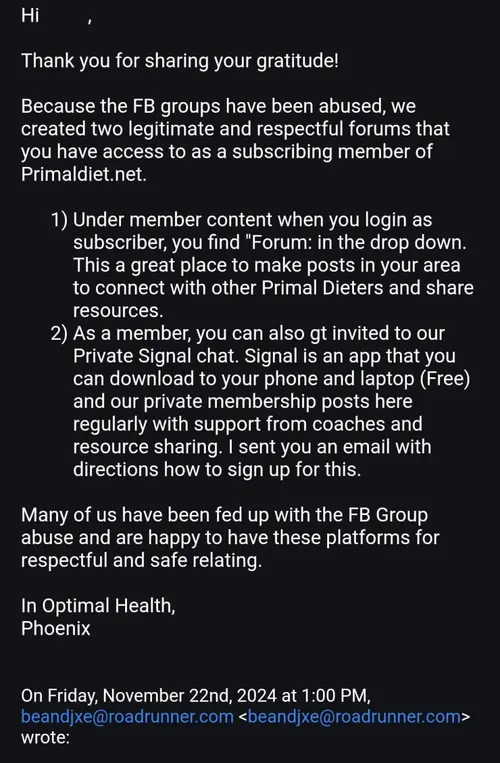 Screenshot of Phoenix email about member forums and a private Signal chat
