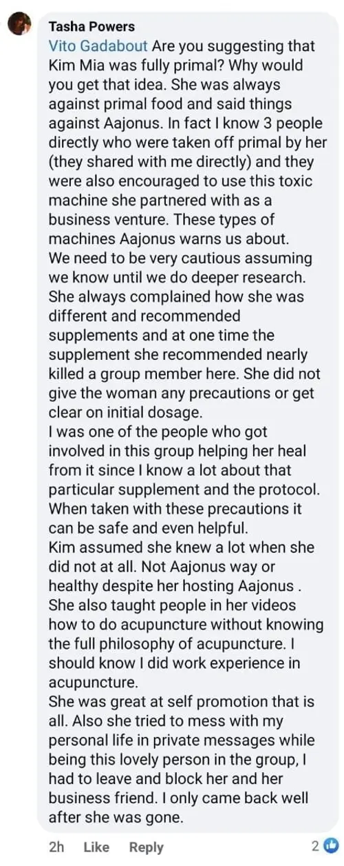 Screenshot of Tasha Powers comment describing Kim Mia being against primal food and Aajonus