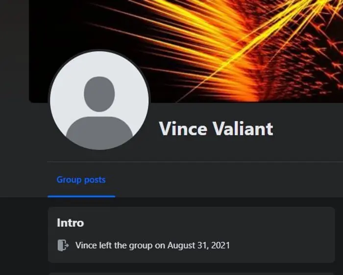 Screenshot of Vince Valiant having left the Facebook group