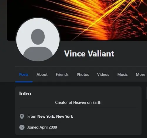 Screenshot of Vince Valiant profile saying creator at Heaven on Earth
