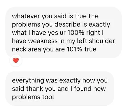 Unnamed testimonial screenshot saying Oliver accurately described the person's problems and left shoulder and neck weakness