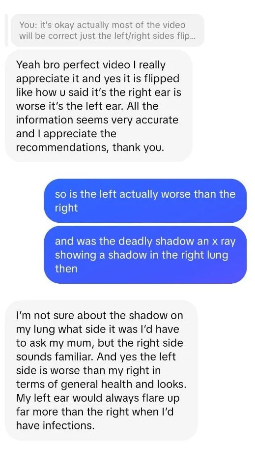 Unnamed testimonial screenshot saying Oliver's video was accurate about left and right side issues, ear weakness, and general health