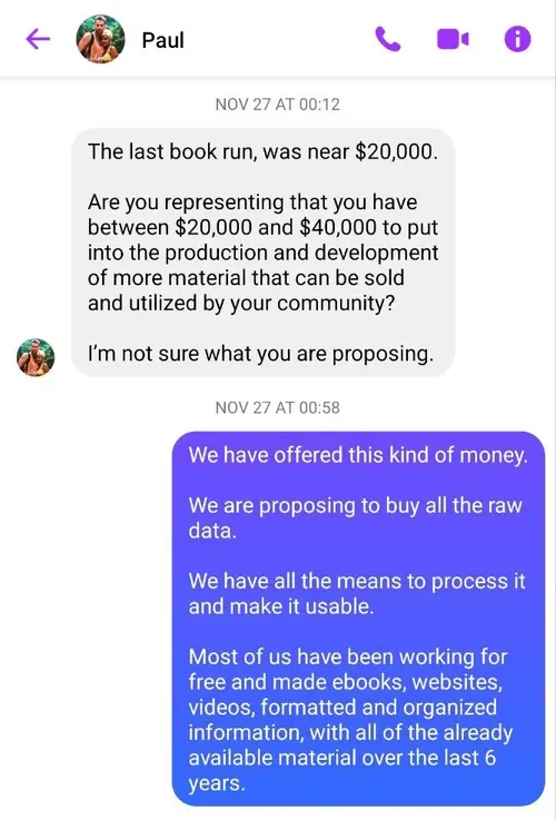 Screenshot from negotiations with Paul Kruhm about Aajonus' data