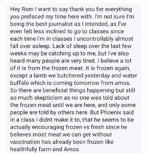 Screenshot of a message about the 2025 conference, frozen meat, and Phoenix encouraging frozen versus fresh meat