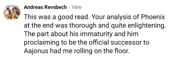 Screenshot of Andreas Reysbech saying the article was a good read and the analysis of Phoenix was thorough and enlightening