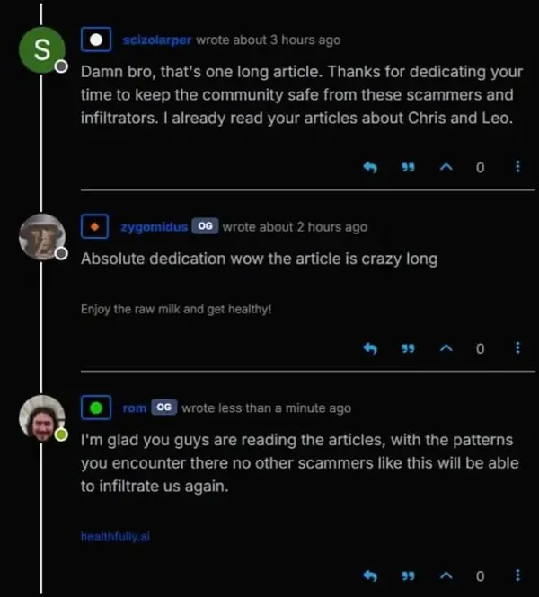 Screenshot of forum comments thanking Rom for the long article and for keeping the community safe from scammers
