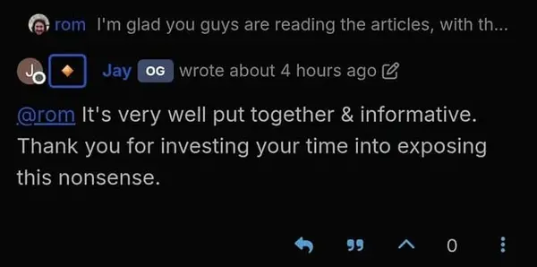 Screenshot of Jay saying the article is very well put together and informative