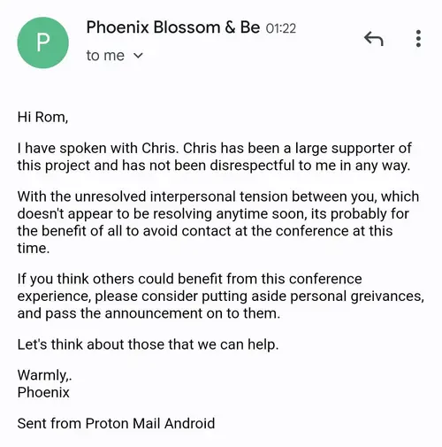 Screenshot of an email from Phoenix Blossom and Be saying Chris has been a large supporter