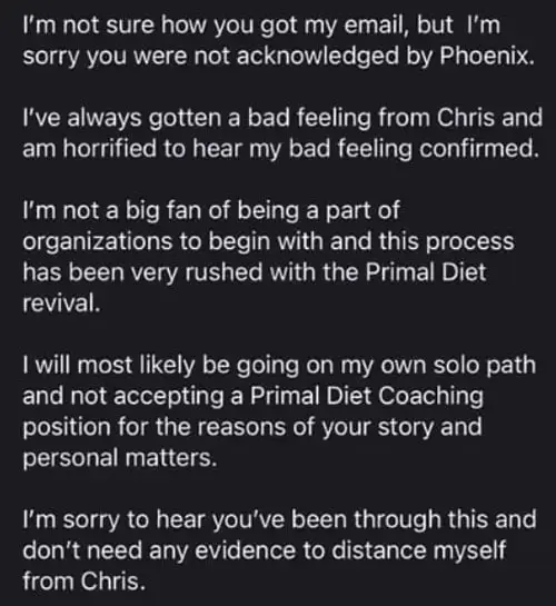 Screenshot of a message from a coach declining a Primal Diet Coaching position and distancing themselves from Chris