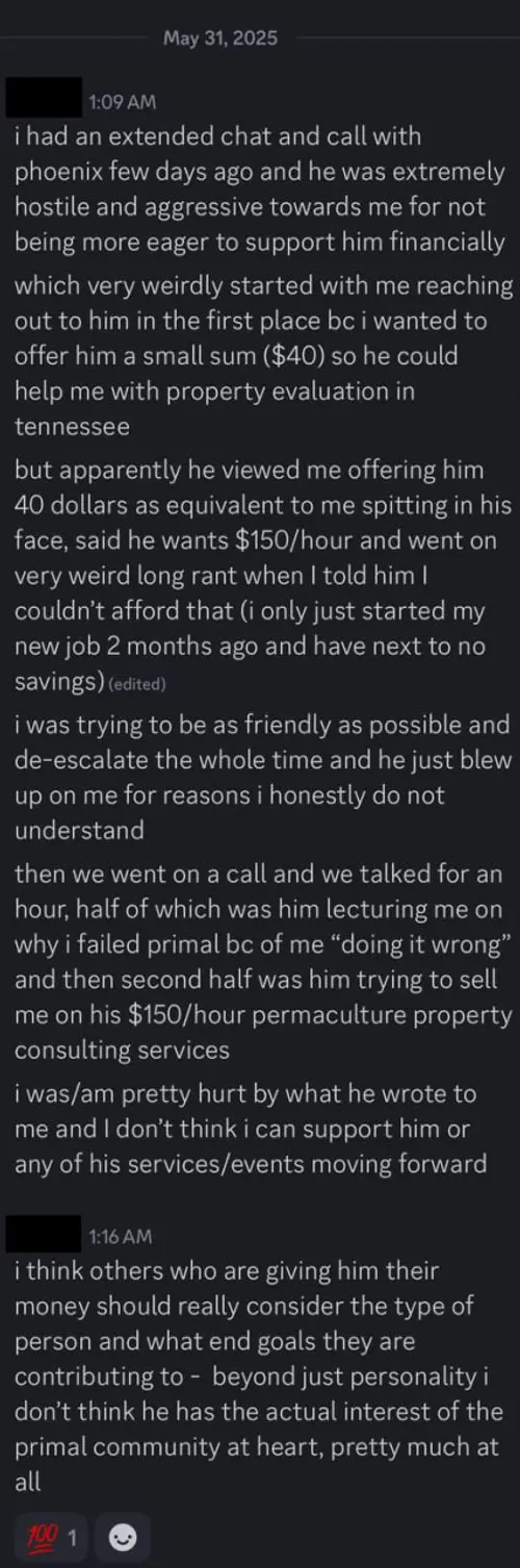 Screenshot of a Discord testimony about Phoenix being hostile and aggressive over money