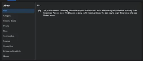 Screenshot of a Primal Diet bio claiming Aajonus chose Jim Ellingson to carry on his work and archives