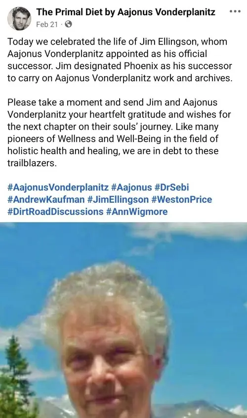 Screenshot of The Primal Diet by Aajonus Vonderplanitz Facebook post claiming Jim Ellingson appointed Phoenix as his successor