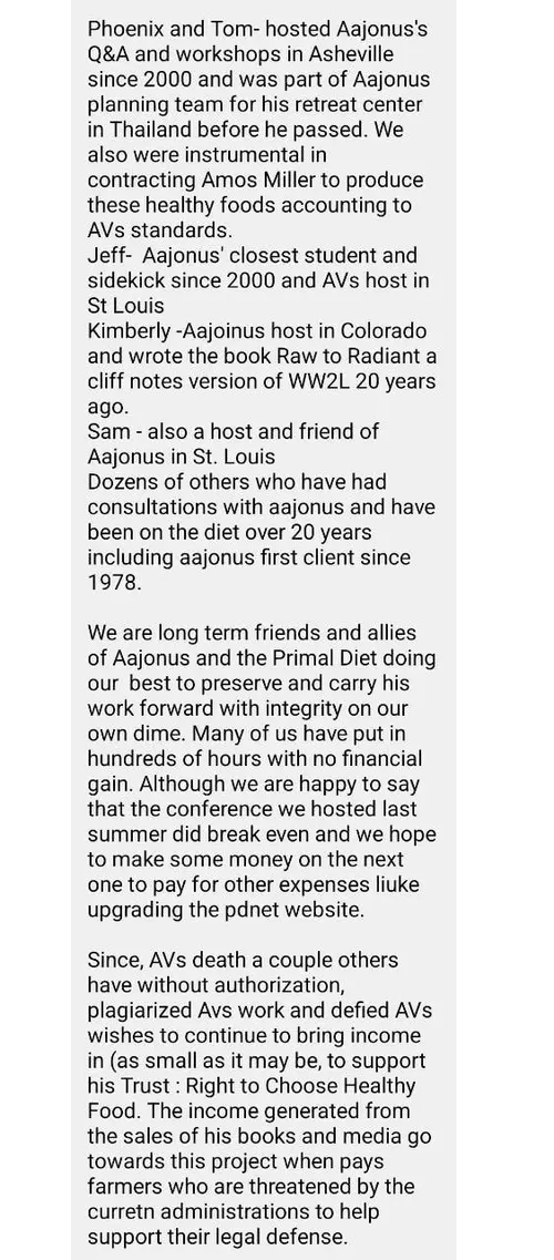 Screenshot of a statement describing Phoenix and others as long term friends and allies of Aajonus