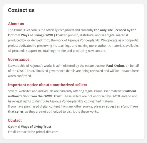 Screenshot of the-primal-diet.com contact page warning about unauthorized sellers