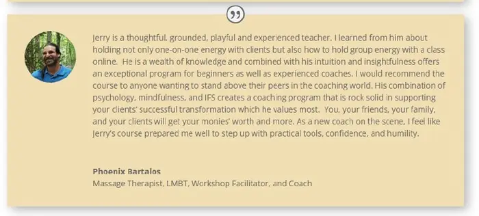 Screenshot of a testimonial from Phoenix Bartalos about Jerry's coaching program