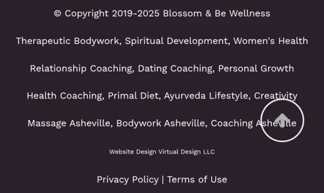 Screenshot of Blossom and Be footer listing Health Coaching and Primal Diet among wellness services