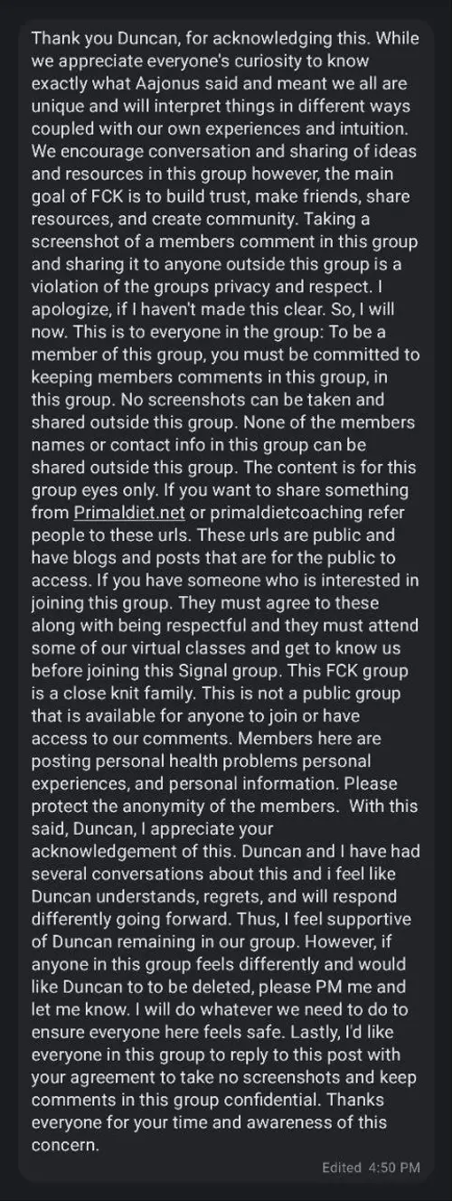 Screenshot of a group message demanding confidentiality and no screenshots