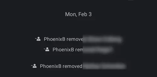 Screenshot of PhoenixB removing members from a group on February 3