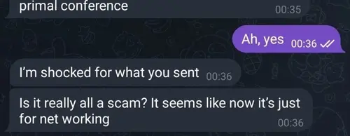 Screenshot of a message saying they are shocked and asking if the primal conference is really all a scam