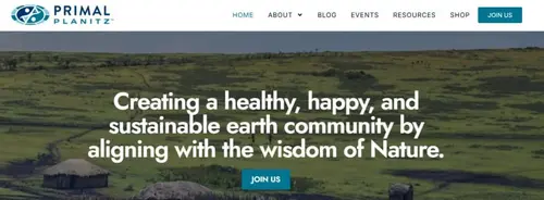 Screenshot of Primal Planitz homepage saying creating a healthy, happy, and sustainable earth community