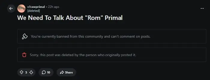 Screenshot showing the Reddit post was deleted
