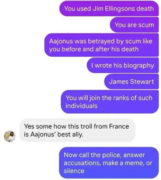 Screenshot of a direct message exchange where Sam Schulte calls the author a troll from France