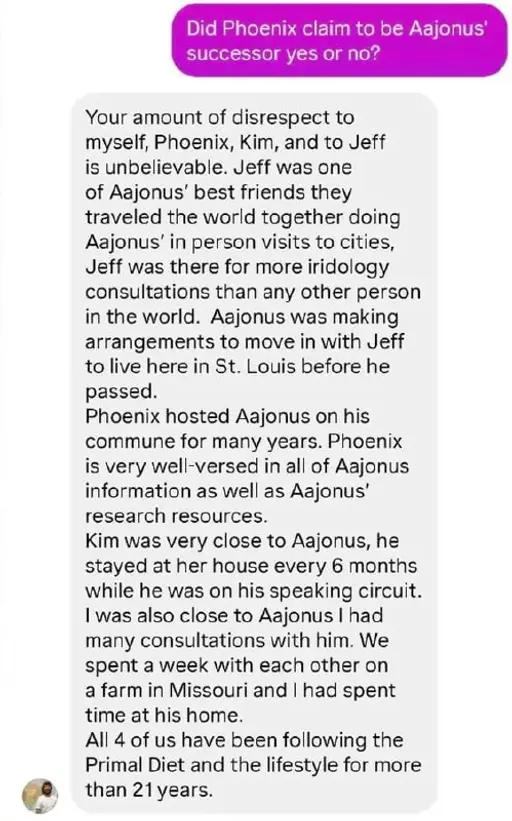 Screenshot of a direct message where Sam Schulte defends Phoenix, Kim, Jeff, and himself by saying they knew Aajonus