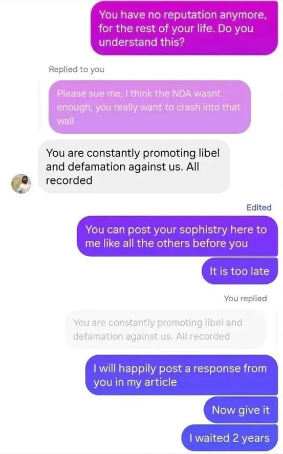 Screenshot of a direct message exchange where Sam Schulte says libel and defamation are recorded and the author offers to post his response