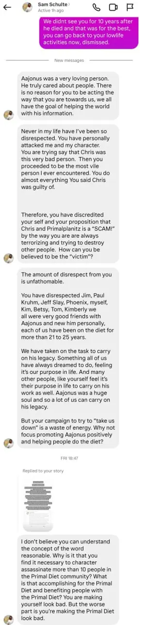 Screenshot showing all of Sam Schulte's direct messages sent in succession after the author stopped replying directly