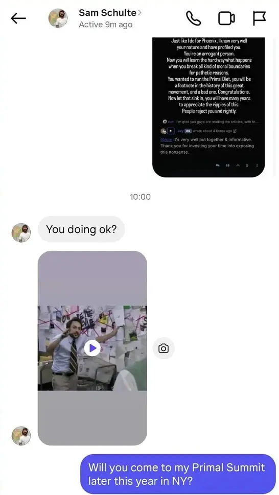 Screenshot of a direct message conversation with Sam Schulte asking if the author is doing okay and inviting him to a Primal Summit in New York