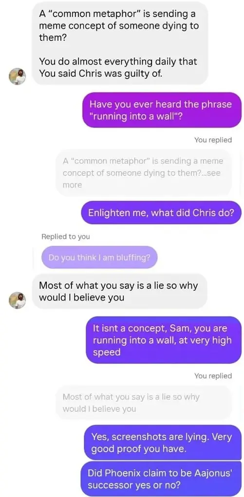 Screenshot of a direct message exchange with Sam Schulte about the running into a wall metaphor and claims about Chris