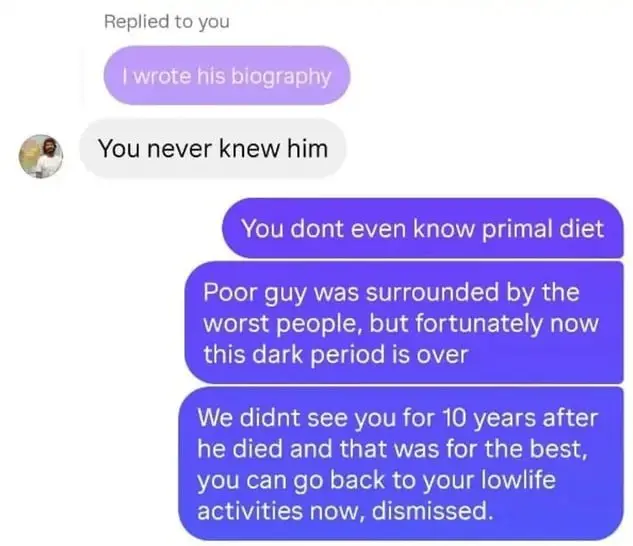 Screenshot of the author telling Sam Schulte he does not know the Primal Diet after Sam says the author never knew Aajonus