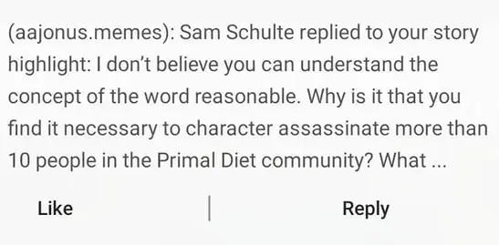 Screenshot of a notification showing Sam Schulte replying to a story highlight about being reasonable and character assassination