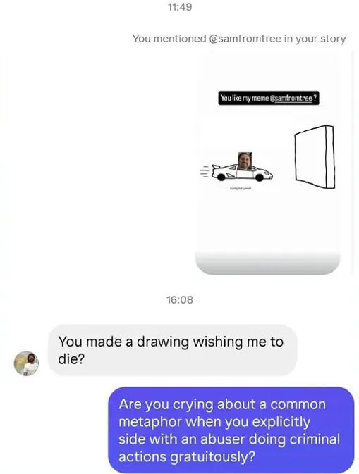 Screenshot of Sam Schulte replying to the supercar wall meme by asking if it is a drawing wishing him to die