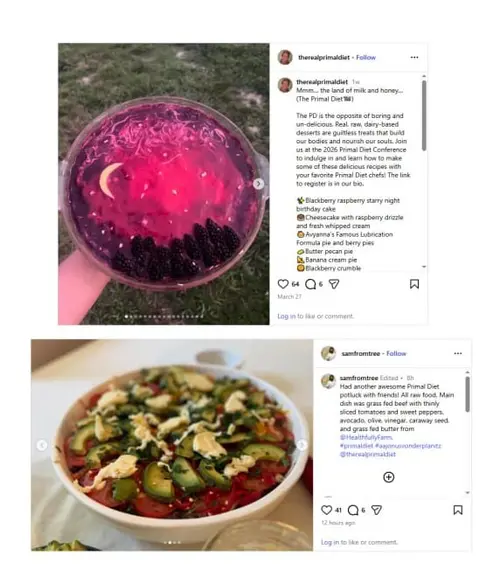 Screenshot of Sam posting food photos and photos in social settings on Instagram