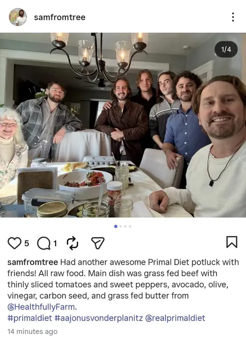 Screenshot of Sam posting a Primal Diet potluck photo