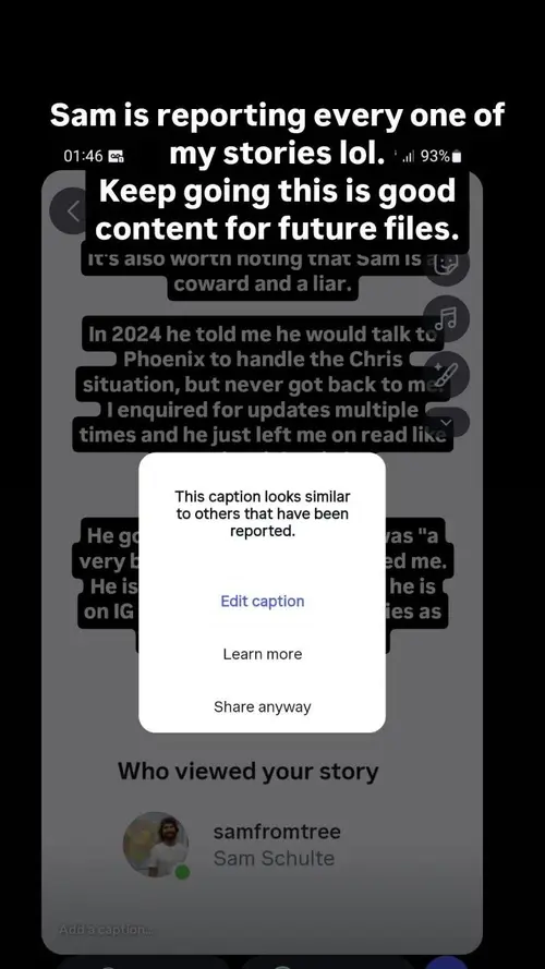 Screenshot saying Sam is reporting stories