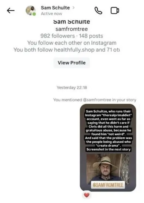 Screenshot of an Instagram story mentioning Sam Schulte saying he did not care about the harm and abuse